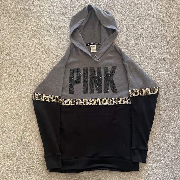 Rare VS Pink Y2K Sequined Cheetah Print Black & Gray Hoodie Small - Picture 5 of 9